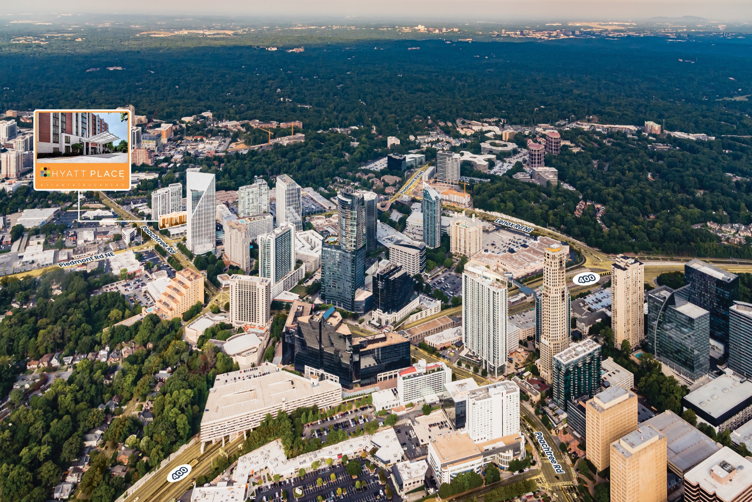 Aerial view of Buckhead with the Hyatt Place Atlanta Buckhead highlighted