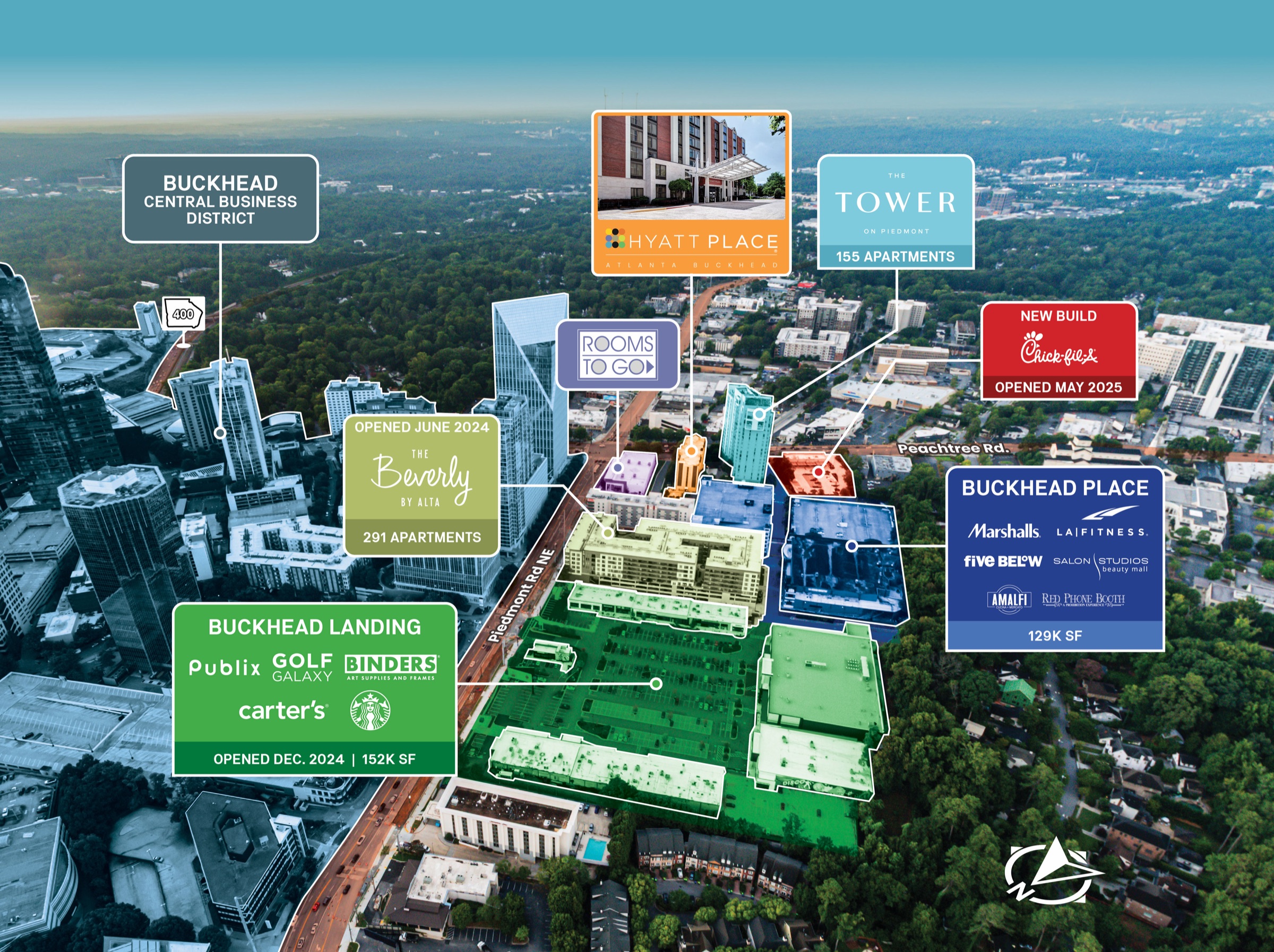 Aerial of Buckhead with the Property and key tenants marked