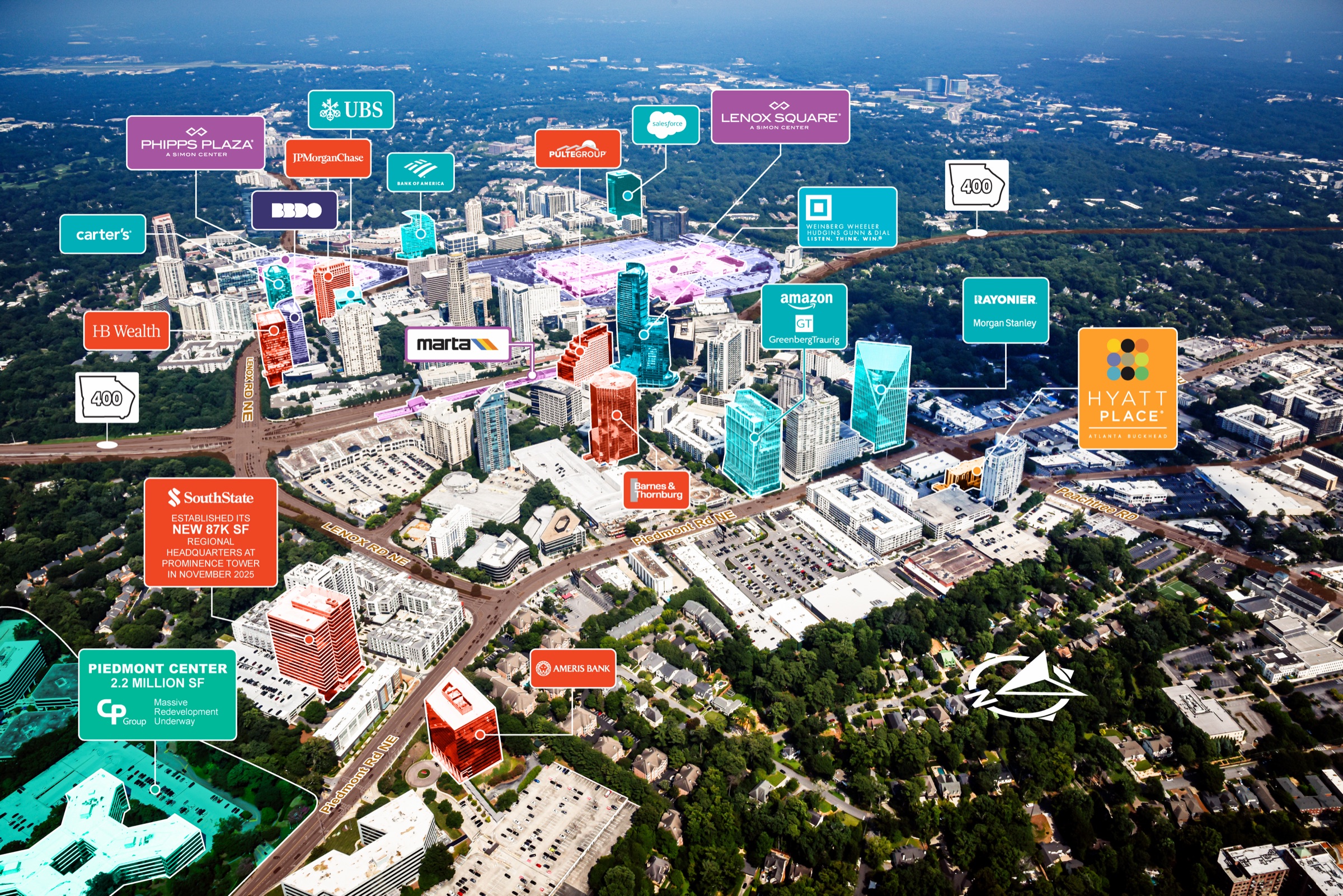 Aerial of Buckhead Place with the Property, Buckhead Landing, and key tenants marked